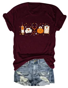 Casual funny nurse pumpkin print crew neck short sleeve women t shirt with denim shorts