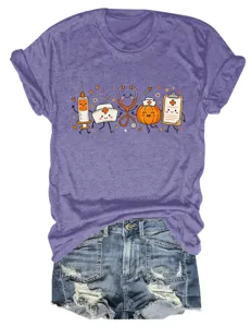 Purple casual women short sleeve t-shirt with cute medical pumpkin graphic and ripped denim shorts.