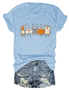 Light blue women's short-sleeve t-shirt featuring cute medical cartoon graphic print.