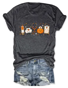 Dark grey medical nurse pumpkin cartoon print short sleeve crew neck casual women t-shirt