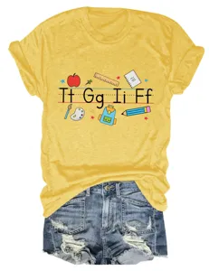 Women yellow short sleeve t-shirt with alphabet school teacher graphic and denim shorts outfit.