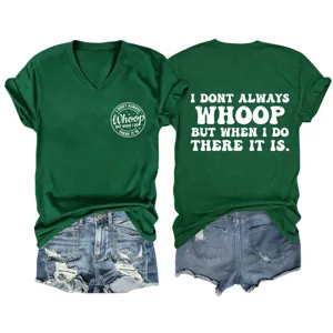 Close up view of the green v-neck short sleeve t-shirt showing the funny letter print.