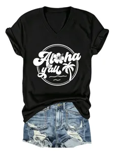 Women casual Aloha y'all graphic V-neck short sleeve black t-shirt with tropical palm trees