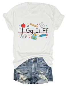 Casual women's short sleeve T-shirt with cute school alphabet letter print, comfortable everyday wear.