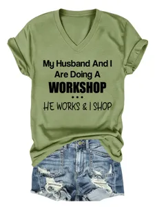 Femme Casual Col V Manches Courtes T-Shirt Imprimé Lettre Vert Haut avec Short en Denim