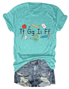 Women's cute back to school letter Tt Gg Ii Ff graphic short sleeve casual tee top.