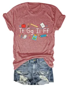 Detailed view of women casual short sleeve t-shirt with cute school alphabet graphic print.