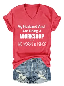 T-shirt décontracté pour femme à col V et manches courtes avec impression amusante, idéal au quotidien.