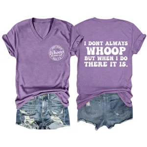 Casual women's purple V-neck short sleeve t-shirt with funny back letter print and denim shorts.