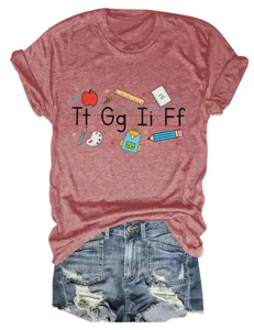 Casual women's short sleeve T-shirt with school letter print, comfortable heather red cotton top.