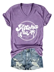 Casual purple V-neck short-sleeve t-shirt with cute Aloha y'all graphic print for women.
