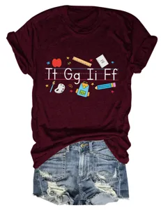 Women's burgundy short sleeve t-shirt casual back-to-school letter graphic tee top with denim shorts.
