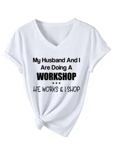 T-shirt femme blanc décontracté col V manches courtes avec imprimé et détail de nœud.