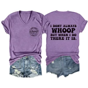 Casual women's V-neck short sleeve T-shirt featuring funny letter print design for daily wear.