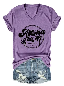 Detailed view of women casual V-neck short sleeve t-shirt with Aloha yall floral palm print.