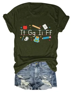 Casual fashion women's olive green short sleeve t-shirt with cute school alphabet and icons print.
