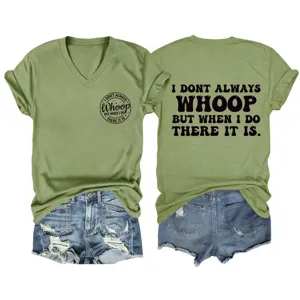 Casual green V-neck short sleeve tee with funny slogan print and ripped denim shorts detail.