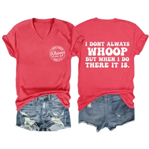Casual women's red V-neck short sleeve t-shirt with funny letter print and denim shorts.