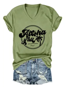 Casual women's olive green V-neck short sleeve t-shirt with tropical aloha print.