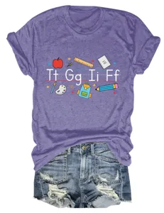 Casual women's purple short sleeve t-shirt with cute school alphabet print and denim shorts.