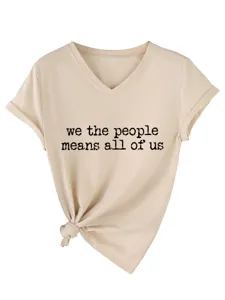 Vista dettagliata della t-shirt casual da donna con scollo a V, stampa grafica e nodo.
