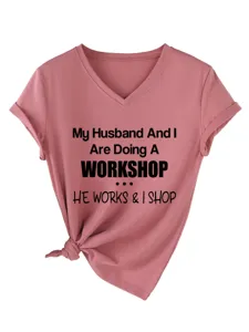 T-shirt femme décontracté à col V et manches courtes avec imprimé drôle et nœud.