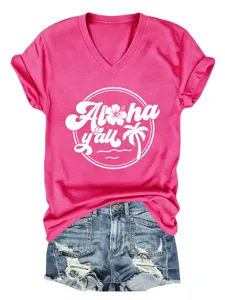 Women casual V-neck short sleeve T-shirt with tropical aloha print matched with denim shorts.