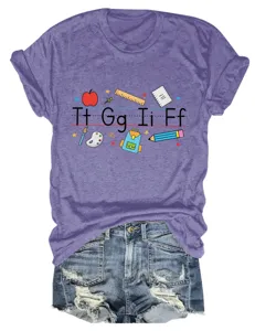 Casual purple short sleeve t-shirt for women with cute school teacher print and crew neck.