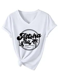 Women casual V-neck short sleeve T-shirt with front knot and tropical Aloha y'all graphic detail.