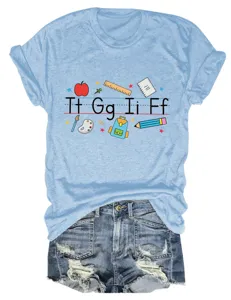 Casual funny women's short sleeve t-shirt with cute school letters and stationery print.