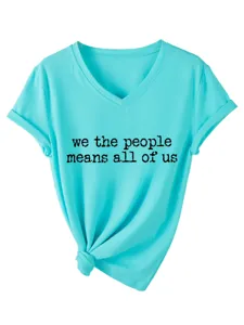 Donna turchese t-shirt scollo a V maniche corte con dettaglio stampa slogan e nodo.