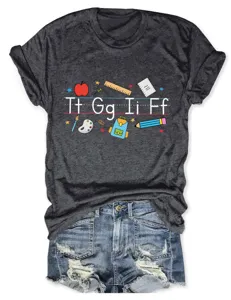Women's casual short sleeve T-shirt with cute school theme print and denim shorts detail.