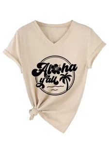 Detailed view of a casual beige V-neck short sleeve t-shirt with Aloha y'all graphic and tie knot.