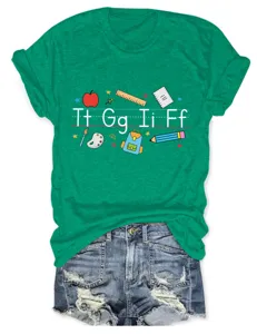 Casual green short sleeve t-shirt for women featuring cute school letters and educational graphic design.