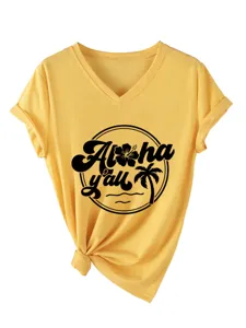 Close up view of women yellow V neck short sleeve t shirt featuring Aloha yall print.