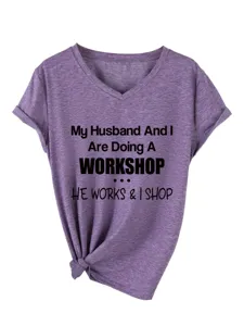 Chic t-shirt femme décontracté col V manches courtes avec imprimé amusant et nœud à l'ourlet bas.