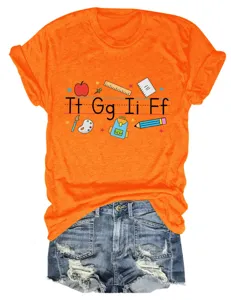 Women casual round neck short sleeve orange t-shirt with cute school alphabet graphic print