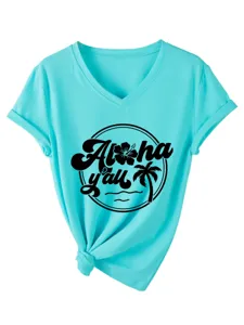 Detail view of cyan V-neck short sleeve t-shirt featuring Aloha graphic and front knot.