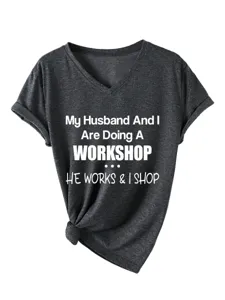 Femme Col V Manches Courtes T-Shirt Decontracte Gris Fonce Lettre Drole Top Nouveau