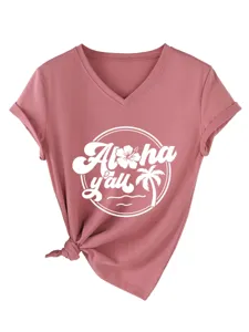 Women's Casual V-Neck Short Sleeve T-Shirt with Aloha y'all Floral Palm Print Knot