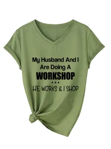 T-shirt femme décontracté à col V et manches courtes avec imprimé lettre et nœud.