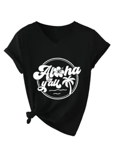 V-neck short sleeve graphic tee detail, side knot design, tropical print close-up.