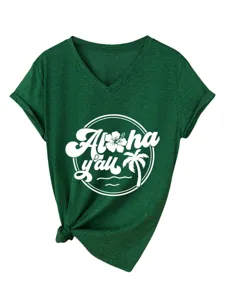Women's casual Aloha y'all graphic V-neck short sleeve green t-shirt with front knot hem.