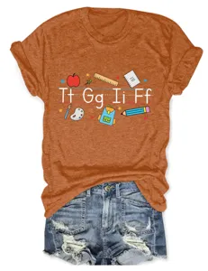 Women casual cute letter printed short sleeve t-shirt with school elements design.