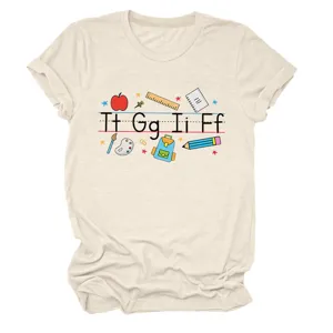 Casual women's beige short sleeve t-shirt featuring cute alphabet and school supplies print.