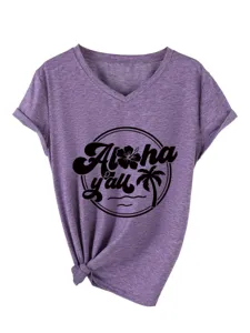 Women's V-Neck Short Sleeve T-Shirt Casual Aloha Print Tee Summer Purple Casual Top