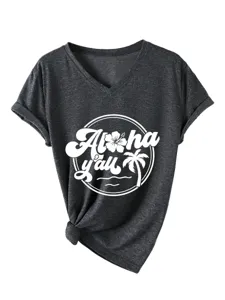 Detail view of the casual dark grey V-neck t-shirt featuring Aloha y'all tropical graphic.