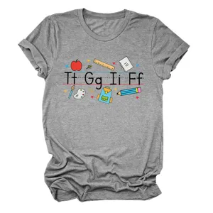 Women's Casual Grey Short Sleeve T-Shirt School Letter Graphic Print Fashion Top