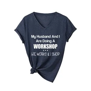 Femme Imprimer Slogan Col V Manches Courtes T-Shirt Casual Bleu Marine Graphique Top