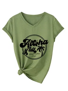Women Aloha Y'all Tropical V-Neck T-Shirt Casual Short Sleeve Knotted Tee Detail View